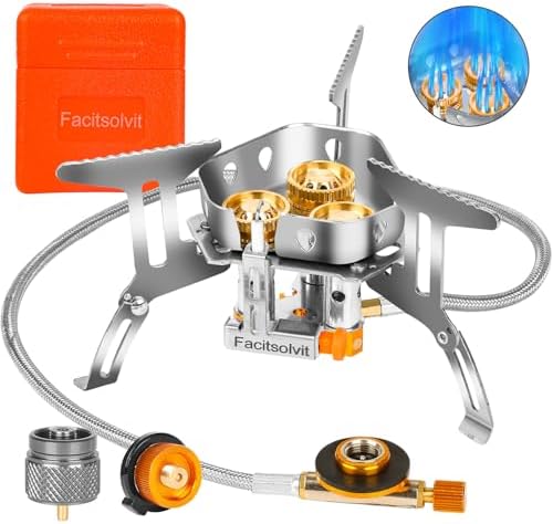 9900W Windproof Camping Gas Stove, Portable Camping Stove with Piezo Ignition, 1LB Propane Tank Adapter, Butane Adapter for Outdoor Cooking, Picnic, Camping and Hiking