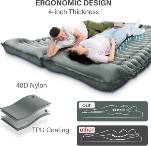 Yuzonc Double Camping Sleeping Pad – 4" Ultra-Thick Foot-Pump Design, Lightweight 2-Person Inflatable Sleeping Mat with Pillow for Backpacking, Hiking, Travel, Tent – Gray