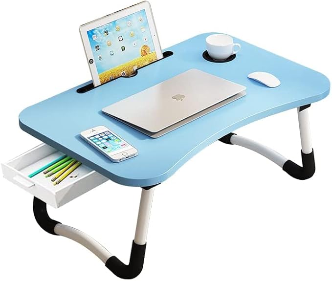 Lap Desk with Storage Drawer, Cup and Tablet Holder, Bed Tray Table, Foldable