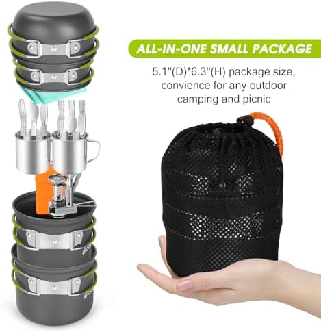 Odoland 16pcs Camping Cookware Mess Kit, Lightweight Pot Pan Mini Stove with 2 Cups, Fork Spoon Kits for Backpacking, Outdoor Camping Hiking and Picnic