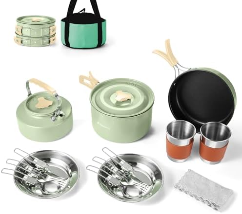 Odoland 15pcs Camping Cookware Mess Kit, Lightweight Pot Pan Kettle Set