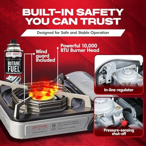 Chef Master Portable Butane Stove Combo for Camping - Stove + 4x 8oz Butane - 10,000 BTU Countertop Gas Burner w/Piezo Ignition - Good for Indoor & Outdoor Cooking w/Wind Guard & Carry Case - 90011