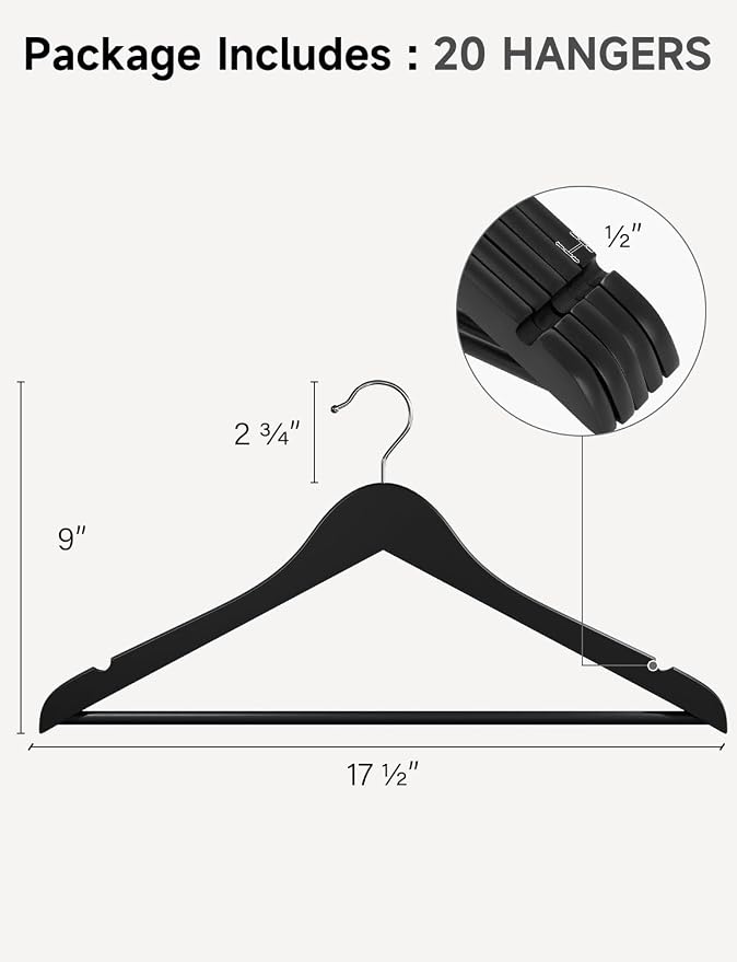 StorageWorks Black Wooden Hangers, 20 Pack Wood Hanger
