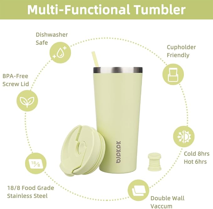 BJPKPK 22oz Insulated Tumbler With lid And Straw Stainless Steel Tumblers Travel Coffee Mug Reusable Thermal Cup,Macaron Green
