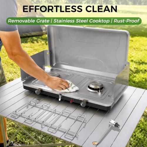 Dual Burner Propane Camping Stove, Portable Outdoor Stove with 22,000 BTU