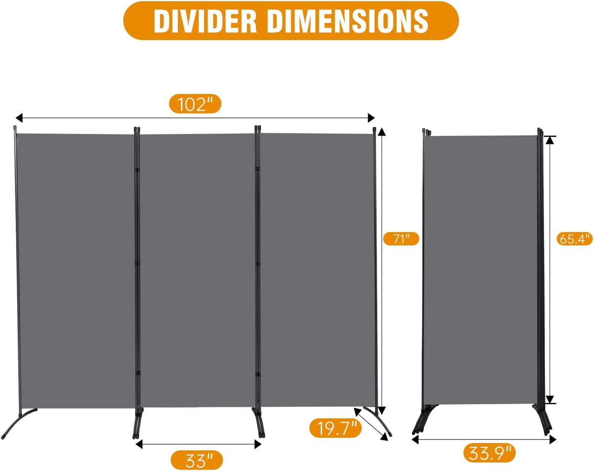 6 FT Tall Room Divider Screen Fabric Wall Divider with Metal Frame, 3 Panel Folding Privacy Screens, Portable Room Divider Panel, Freestanding Room Divider Partition for Office Bedroom Study, Grey