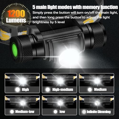 Headlamp Rechargeable, 1200 Lumen Zoomable LED Head Lamp for Adults, IP66 Waterproof Rechargeable Headlight with 9 Modes, Super Bright Head Flashlight with 2600 mAh for Outdoor Camping Hiking Running