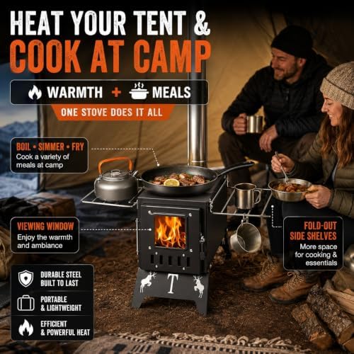 Camping Stove Wood Burning, Hot Tent Stove with Chimney & Viewing Window