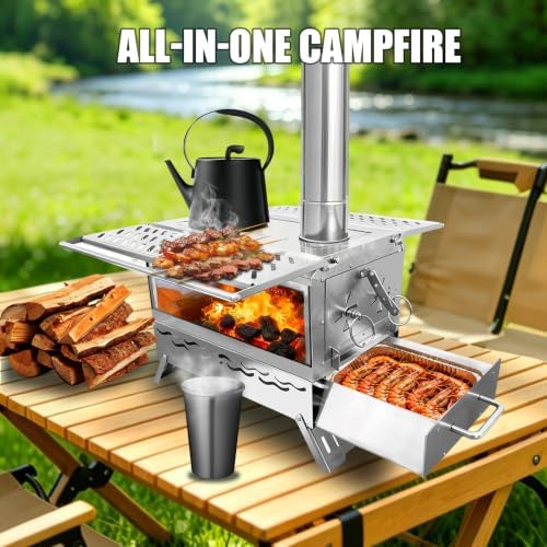 Camping Wood Burning Stove, Hot Tent Stove with Extra Baking Tray, Outdoor Stainless Steel Stove with 6 Chimney Pipes for Outdoor Camping, Cooking