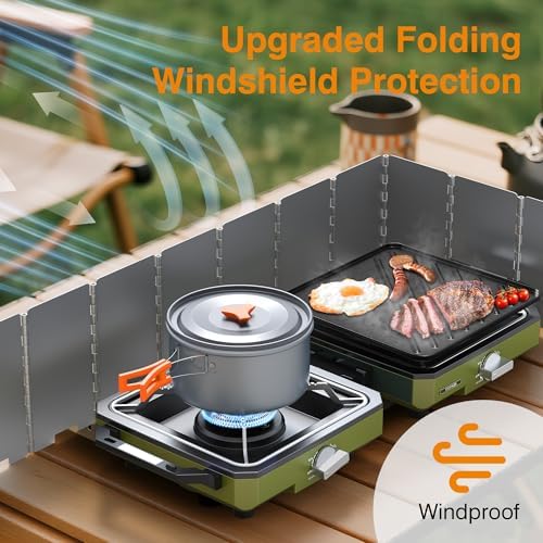 ODSD 2 Burner Camping Stove with Windshield, 20000 BTU Propane Camp Stove, Portable Folding Gas Stove, Camping Essentials Gear Includes Frying Pan, Coffee Stand & Carry Bag, Green
