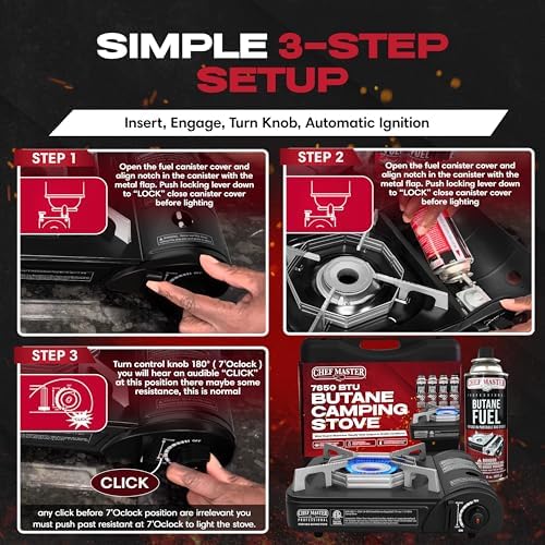 Chef Master Portable Butane Stove Combo for Camping - Stove + 4x 8oz Butane - 10,000 BTU Countertop Gas Burner w/Piezo Ignition - Good for Indoor & Outdoor Cooking w/Wind Guard & Carry Case - 90011