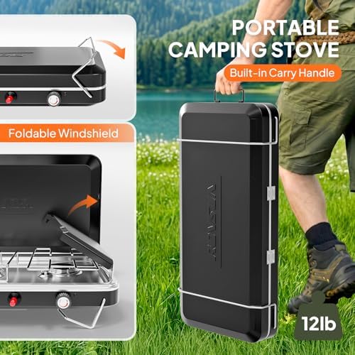 ROVSUN 3 Burner Portable Camping Stove with Igniter, 30000 BTU Propane Camp Stove with Adapter, Built-in Handle & Foldable Wind Panel for Outdoor Camping, Tailgating, Grilling
