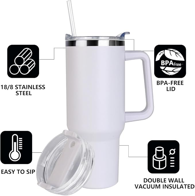 SYACOT 40 oz Tumbler with Handle and Straw Stainless Steel Insulated Tumbler Leak Proof Lid and Straw Lid Reusable Travel Mug Coffee Mug Cup Dishwasher Safe Keep Drinks Cold and Hot (Winter White)