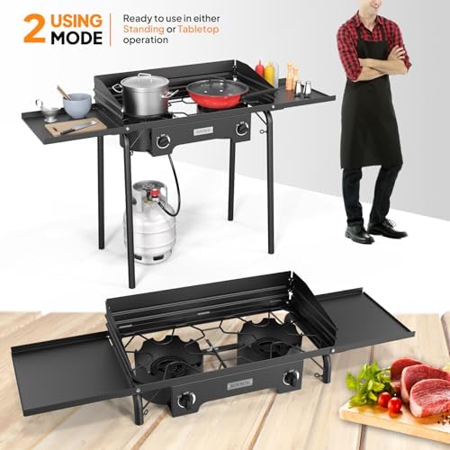 ROVSUN 2 Burner Outdoor Camping Stove with Wind Panel & Shelves, Heavy Sturdy Propane Burner, Gas Cooker with Detachable Legs & CSA Regulator for Home Camp Paito Cooking Frying Canning