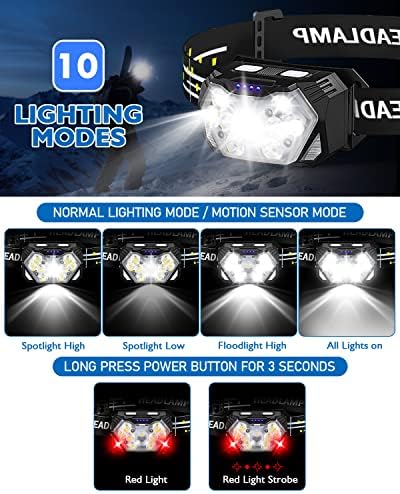 2000LM Ultra Bright 9 LED Headlamp, 2 Pack USB C Rechargeable Headlights, 10 Modes, Motion Sensor, Waterproof Head Lamp Flashlight with Red Light, Adjustable Headband for Adults Camping