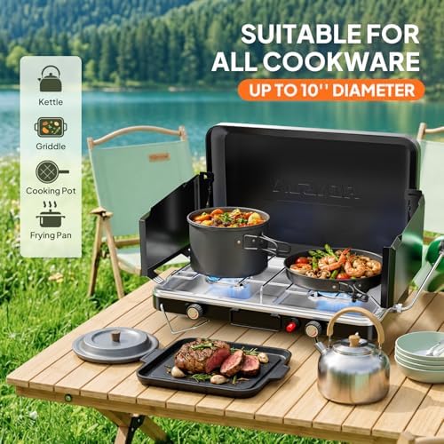 ROVSUN 2 Burner Portable Camping Stove with Igniter, 20000 BTU Propane Camp Stove with Adapter, Built-in Handle & Foldable Wind Panel for Outdoor Camping, Tailgating, Grilling