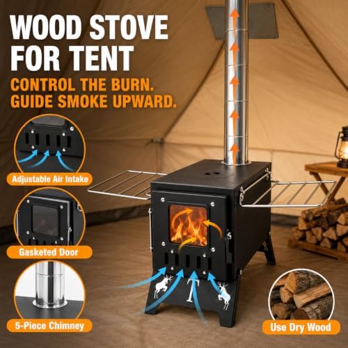 Camping Stove Wood Burning, Hot Tent Stove with Chimney & Viewing Window