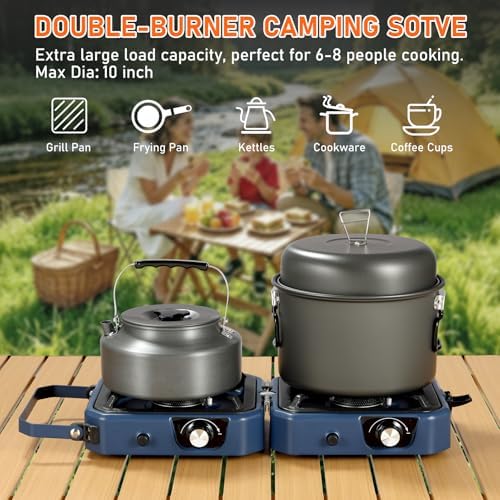304 Stainless 2 Burner Propane Camping Stove with Griddle,Portable Floding Propane Camp Stoves with 24000BTU,Compatible with Grill Pan,Kettles & Cookware