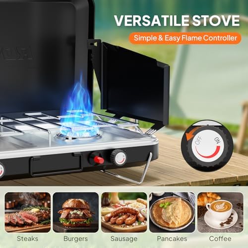 ROVSUN 20000 BTU Propane Camping Stove with Igniter, 2 Burner Portable Camp Stove with Adapter, Built-in Handle & Foldable Wind Panel for Outdoor Camping, Tailgating, Grilling