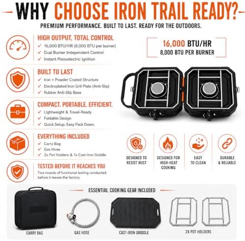 Camping Stove 2 Burner Propane with Griddle, Portable Foldable Camp Stove with Piezo Ignition, Adjustable Burners, Gas Hose & Carry Bag