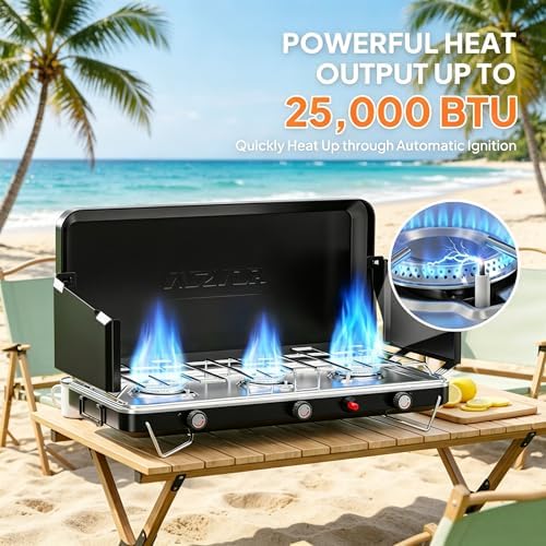 ROVSUN 25000 BTU Propane Camping Stove with Igniter, 3 Burner Portable Camp Stove with Adapter, Built-in Handle & Foldable Wind Panel for Outdoor Camping, Tailgating, Grilling