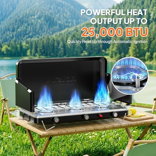 ROVSUN 3 Burner Portable Camping Stove with Igniter, 30000 BTU Propane Camp Stove with Adapter, Built-in Handle & Foldable Wind Panel for Outdoor Camping, Tailgating, Grilling