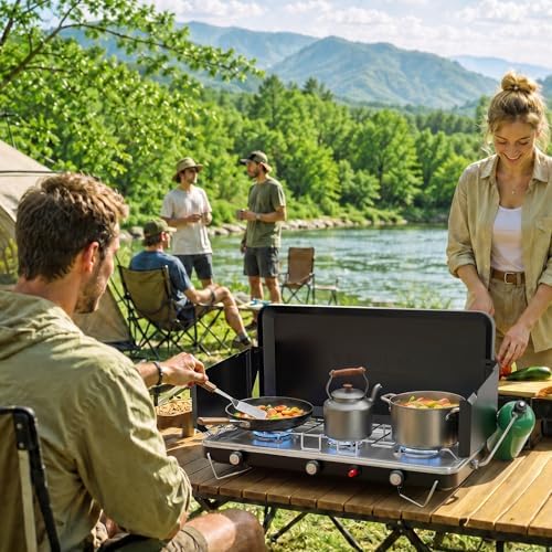 ROVSUN 25000 BTU Propane Camping Stove with Igniter, 3 Burner Portable Camp Stove with Adapter, Built-in Handle & Foldable Wind Panel for Outdoor Camping, Tailgating, Grilling