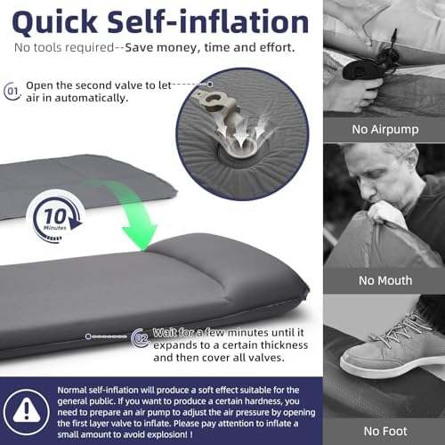 INVOKER Camping Sleeping Pad, Self-Inflating, 75 x 24 x 3.15 in, Grey