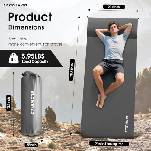 Self-Inflating Foam Camping Mattress with Built-in Pillow, 8cm Thick, Gray