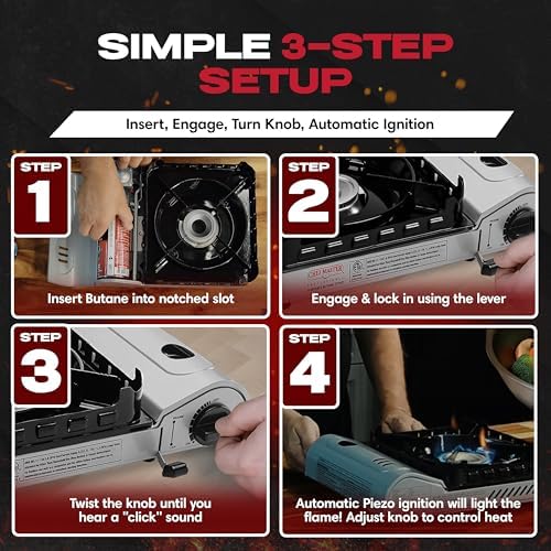 Chef Master Butane Camping Stove + 4x 8 oz Fuel, Backpacking, 15,000 BTU