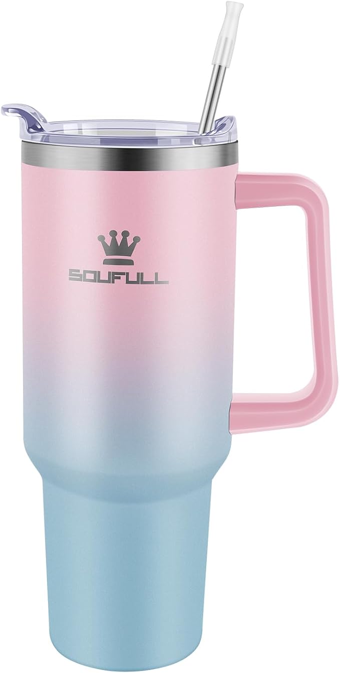 40 oz Tumbler with Handle and Straw Lid, 100% Leak-proof Travel Coffee Mug, Stainless Steel Insulated Cup For Beverages, Keeps Cold for 34Hrs or Hot for 10Hrs, Dishwasher Safe (PinkBlue)
