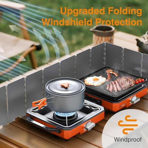 ODSD 2 Burner Camping Stove with Windshield, 20000 BTU Propane Camp Stove, Portable Folding Gas Stove, Camping Essentials Gears Includes Frying Pan, Coffee Stand & Carry Bag (Orange)