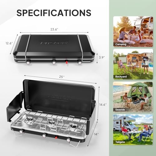 ROVSUN 25000 BTU Propane Camping Stove with Igniter, 3 Burner Portable Camp Stove with Adapter, Built-in Handle & Foldable Wind Panel for Outdoor Camping, Tailgating, Grilling