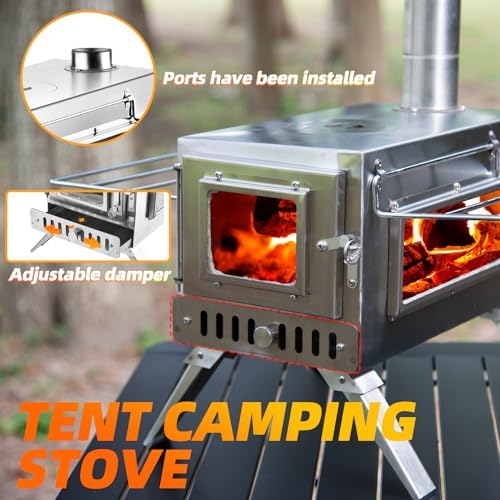 Hot Tent Stove, AVOFOREST 304 Stainless Wood Burning Stove, Portable Wood Stove with 6 Stainless Chimney Pipes for Outdoor Heating & Cooking, Ice Fishing, Hunting