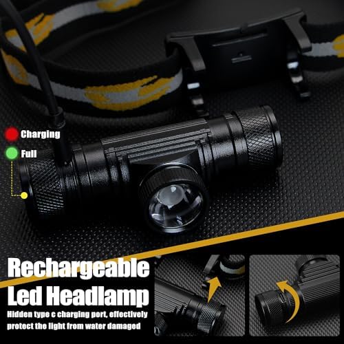 Headlamp Rechargeable, 1200 Lumen Zoomable LED Head Lamp for Adults, IP66 Waterproof Rechargeable Headlight with 9 Modes, Super Bright Head Flashlight with 2600 mAh for Outdoor Camping Hiking Running