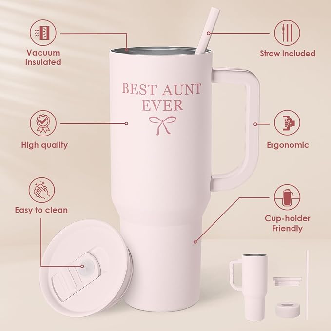 SANDJEST Gift for Aunt - Best Aunt Stainless Steel Tumbler with Handle, Travel Coffee Mug for Moms - Aunts Gifts for Birthday Christmas Mothers Day, 40oz