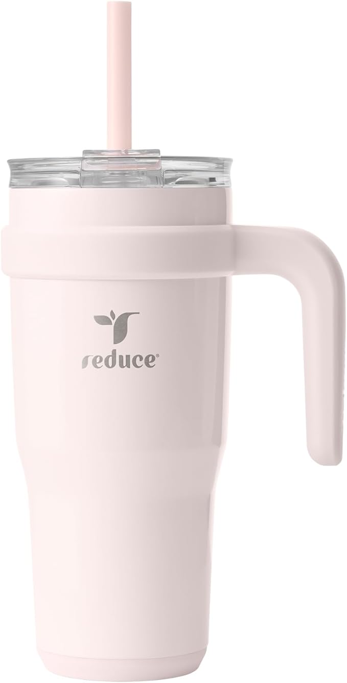 REDUCE 24 oz Stainless Steel Tumbler with Handle - Dual-Wall Vacuum Insulated Travel Mug, Sweat-Proof Lid & Reusable Straw - Keeps Drinks Cold for 24 Hrs, Fits Cupholders, Dishwasher Safe-Pink Cotton