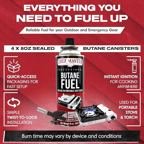 Chef Master Butane Fuel Canister, Camp Stove & Torch Refill, 8 oz, 24-Pack