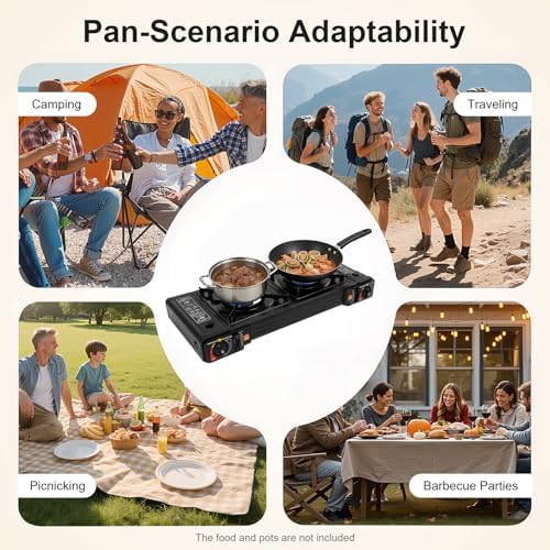 2-Burner Portable Camping Stove, Butane Camping Stove with Non-sticking Grill Tray, Outdoor Travel Camp Stove for Camping, BBQ, Home