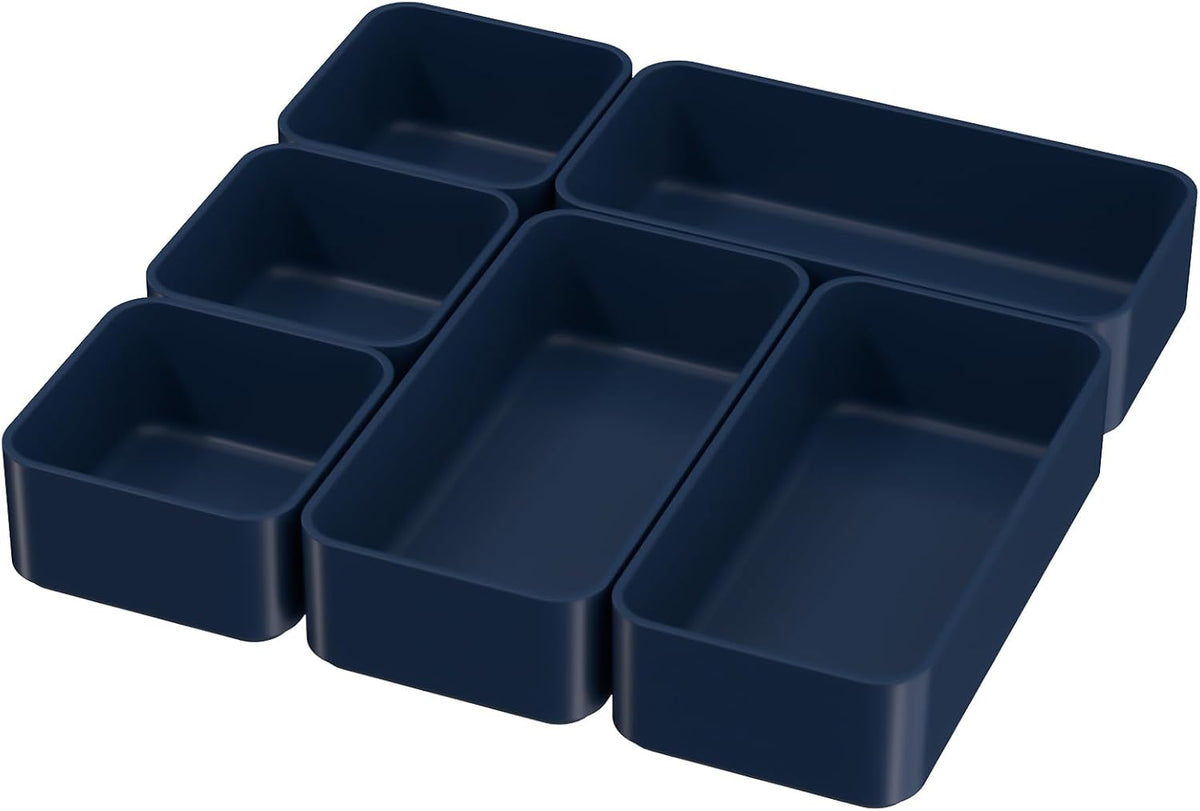 6 Pcs Stackable Drawer Organizer Set Desk Drawer Dividers, Bathroom Vanity Cosmetic Makeup Trays , Multipurpose Plastic Storage Bins for Jewelries, Kitchen Gadgets and Office Accessories, Blue