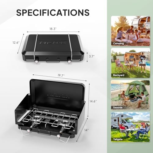 ROVSUN 2 Burner Portable Camping Stove with Adapter, 20000 BTU Tabletop Propane Camp Stove with Built-in Handle & Foldable Wind Panel for Outdoor Camping, Tailgating, Grilling