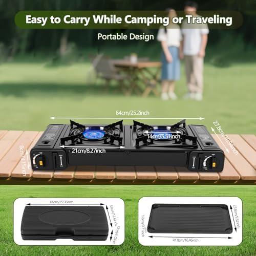 Double Burner Butane Stove, Butane Camping Stove Kit with Baking Pan and Carrying Case, Portable Camping Burner for RV, Apartments, Outdoor