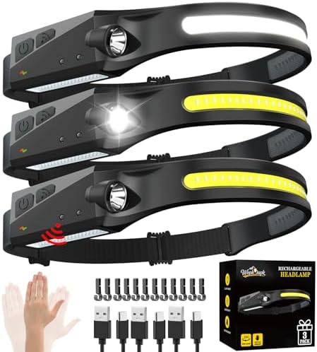 Rechargeable Headlamp 3PCS, 230° LED Head Lamp, Head Lights for Forehead