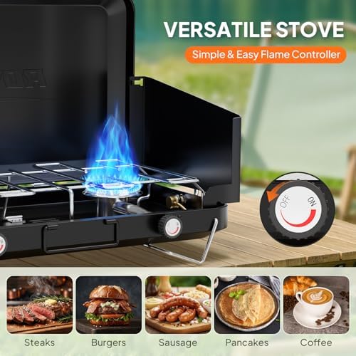 ROVSUN 2 Burner Portable Camping Stove with Adapter, 20000 BTU Tabletop Propane Camp Stove with Built-in Handle & Foldable Wind Panel for Outdoor Camping, Tailgating, Grilling