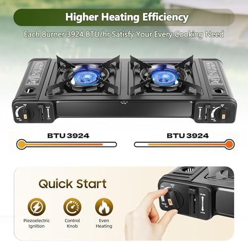 Double Burner Butane Stove, Butane Camping Stove Kit with Carrying Case, Portable Auto Ignition Camping Burner for RV, Apartments, Outdoor