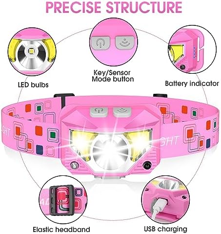 LHKNL Headlamp Flashlight, Lumen Bright Head Lamps LED Rechargeable-Pink