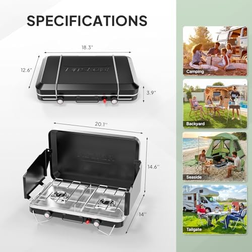 ROVSUN 2 Burner Portable Camping Stove with Igniter, 20000 BTU Propane Camp Stove with Adapter, Built-in Handle & Foldable Wind Panel for Outdoor Camping, Tailgating, Grilling