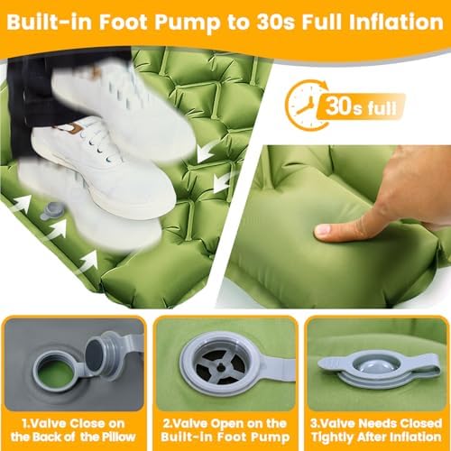 Ultralight Camping Sleeping Pad with Built-in Pillow & Foot Pump, Compact Inflatable Air Mattress for Backpacking, Hiking, Tent, Travel Camp & Outdoor Adventures