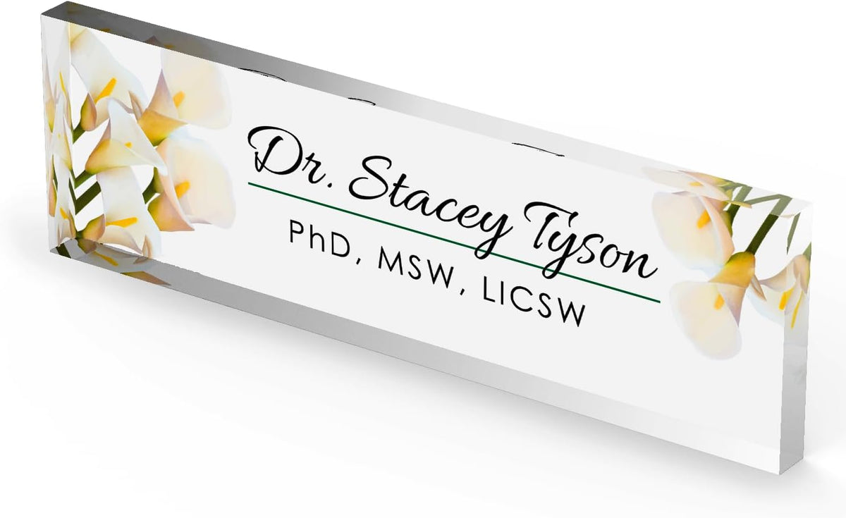 Artblox Personalized Office Desk Name Plate and Business Card Holder | Clear Acrylic Glass with Teak Wood Stand | Calla Flowers Design Customized with Your Name and Credentials Office Desk Decor