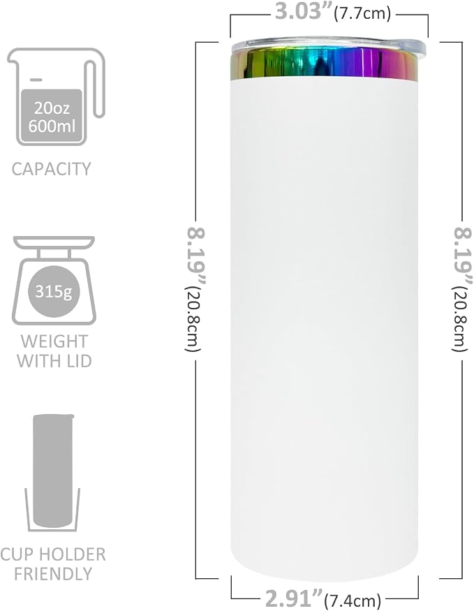 20 oz Skinny Tumblers Stainless Steel Tumbler with Lid and Straw Double Wall Vacuum Insulated Coffee Mug 20oz Powder Coated Cup for Hot and Cold Drinks(White,1 pack)